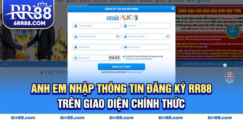Anh em nhập thông tin đăng ký RR88 trên giao diện chính thức